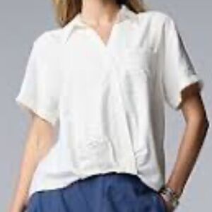 Cable & Gauge Studio Sz S white linen blend‎ short sleeve front wrap top blouse